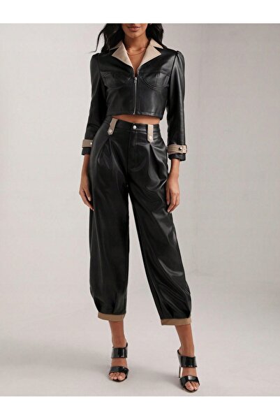 NO BRAND Pantaloni negri, cu aspect neted de piele, largi, lungime 7/8, talie...