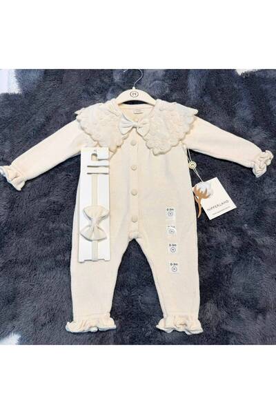 Mummys Love Baby Girl Lace Collared Knitwear Jumpsuit and Headband - 100% Nat...