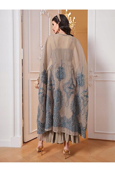 NO BRAND Rochie maxi elegantă maro cu broșă decorativă și curea cu broderie a...