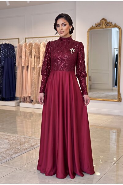 MD MODA DEMİRKAYA فستان سهرة من الساتان مع تطريز بالترتر من الأسفل، تصميم مريح