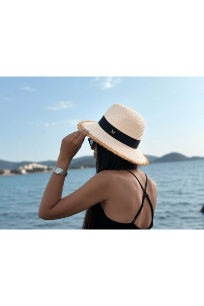 EdButikModa Women's Straw Sun Hat with White Band Detail and Wide Brim for Su...
