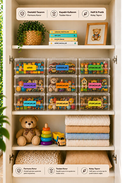 Mim Life 6’lı Oyuncak Saklama Kutusu Şeffaf Kapaklı Plastik Organizer 32x20x11 cm Çocuk Odası Düzenleyici