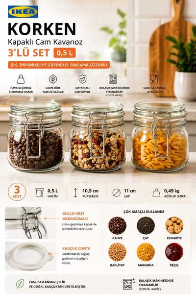 IKEA Mediterranean 3-Piece Glass Jar Set with Airtight, Leak-Proof Glass Lid,...