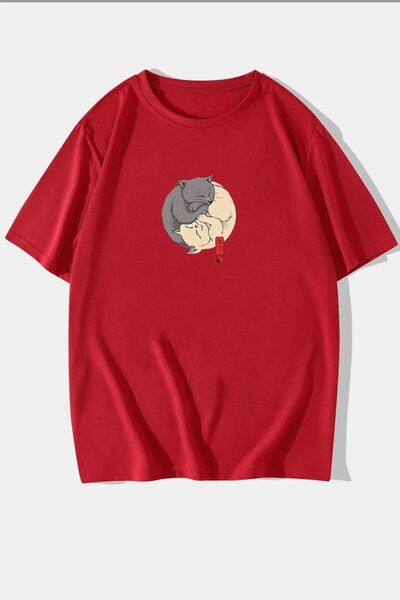 yombaa Unisex μπλουζάκι με στάμπα Ying Yang Cat Oversize