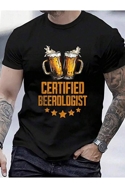 01THEONE تي شيرت مطبوع عليه عبارة "100% قطن معتمد من Beerologist" للرجال والن...