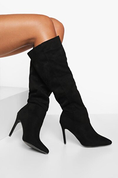 NO BRAND Cizme negre până la genunchi cu toc stiletto, din piele întoarsă eco...