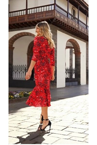 NO BRAND Rochie roșie Midaxi cu imprimeu, croială dreaptă, cu curea, clasică ...