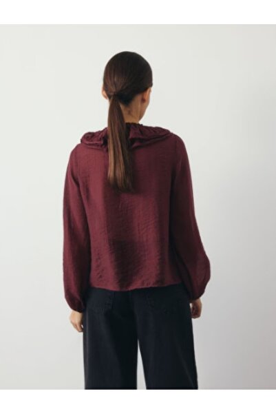 NO BRAND Bluză lejeră, netedă, bordo, cu volane elegante, mâneci lungi, guler...