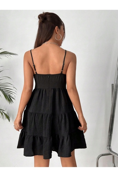 NO BRAND Rochie mini neagră cu bretele reglabile, volane boho, Shein 40/42