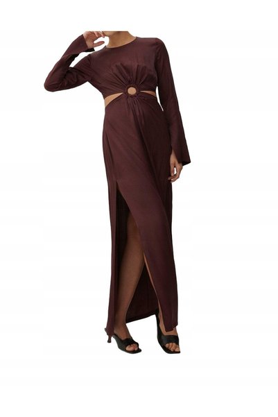 NO BRAND Rochie maxi din satin bordo, cu decupaje, mânecă lungă, decolteu rot...