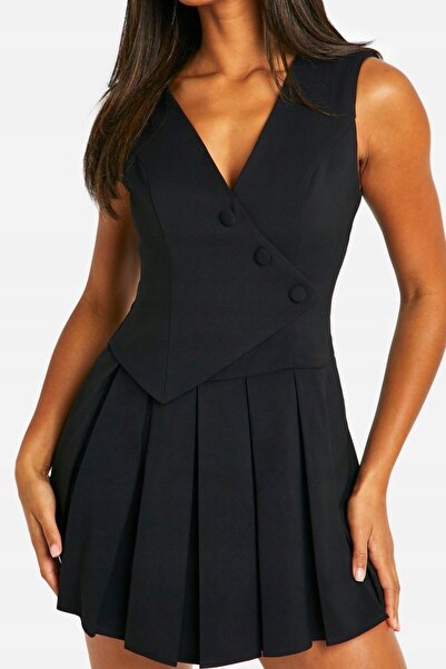 NO BRAND Rochie mini neagră cu guler plisat și nasturi, Boohoo 44