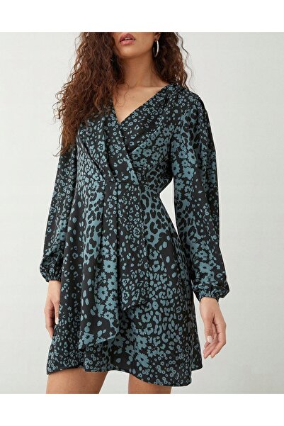 NO BRAND Rochie mini cu mânecă lungă, kaki, cu imprimeu, croială trapez, Doro...