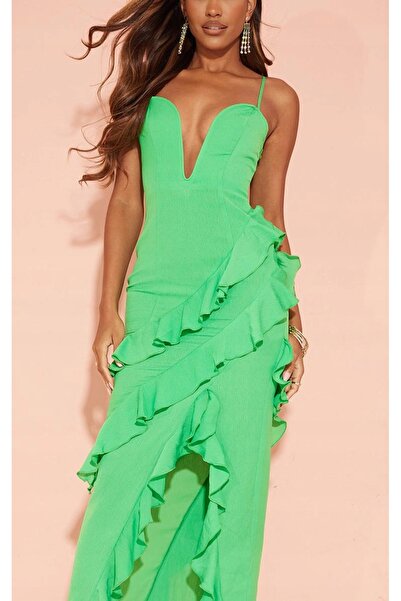 NO BRAND Rochie maxi verde cu bretele, volane și șliț Prettylittlething 34
