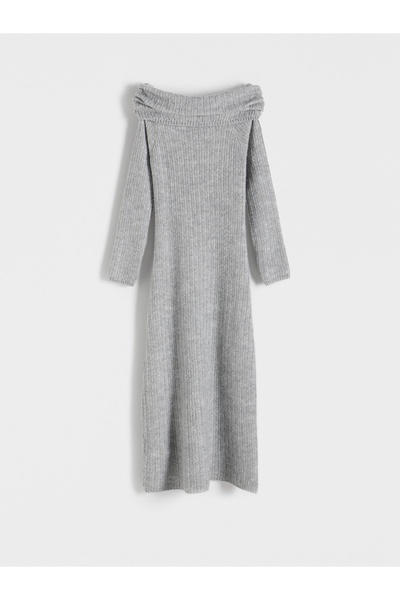 NO BRAND Rochie spaniolă tricotată gri, cu umerii goi, cu mânecă lungă, mărim...
