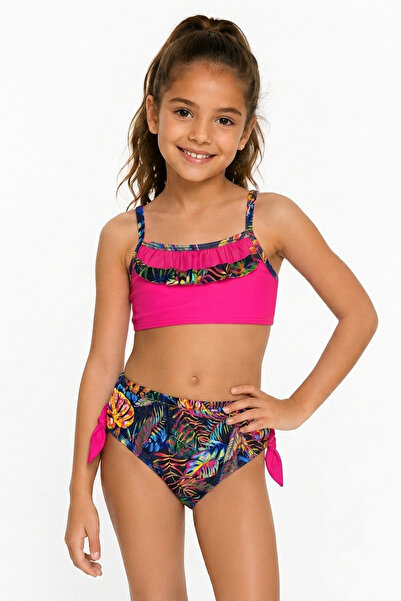caddekids Kız Çocuk Bikini Takımı Fuşya Tropikal Yaprak Desenli Fırfırlı Askı...
