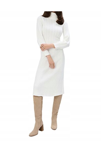 NO BRAND Rochie tricotată crem, dreaptă, lungime midi, cu mânecă lungă și gul...