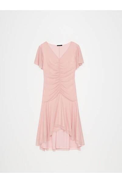 NO BRAND Rochie clasică asimetrică roz cu mâneci încrețite Mohito S