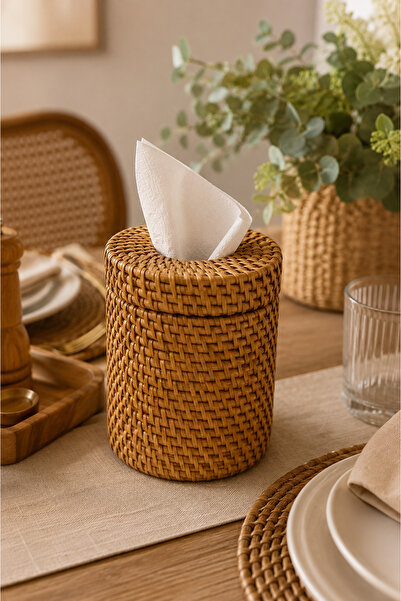 ipekbambuhome El Yapımı Doğal Rattan Yuvarlak Peçetelik 12x15 cm