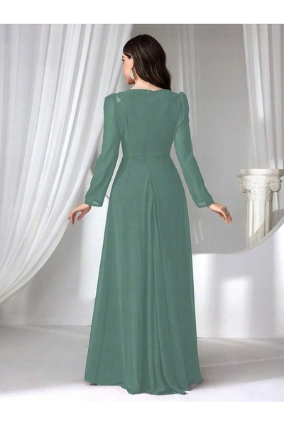 NO BRAND Rochie maxi verde cu mânecă lungă, decorată cu mărgele și flori, She...