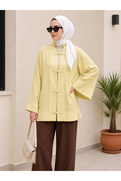 bellura Biye Düğmeli V Yaka Vual Oversize Kimono