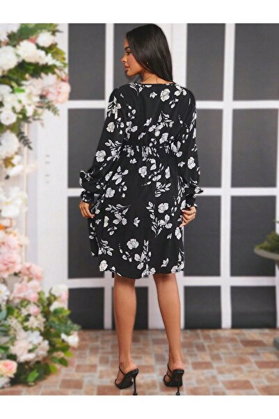 NO BRAND Rochie neagră cu imperfecțiuni, model clasic, flori albe, Shein m