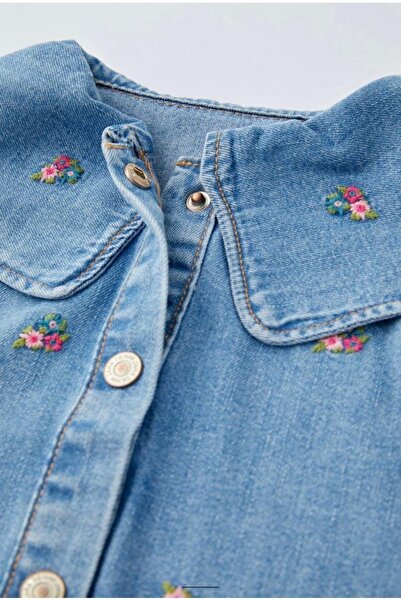Argün kidss Çiçek Detay Nakışlı Denim Jeans Elbise
