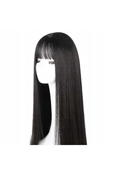 NO BRAND Perucă lungă, păr drept, negru intens, cu breton, 72 cm