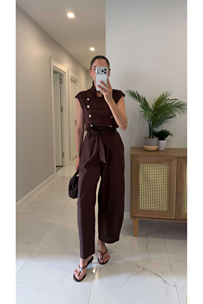 BİRCANÇİL Mols Kahve Gold Düğme Detaylı Kuşaklı Tulum