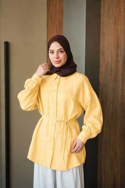 LOCCO Women's Front Hem Detail Waist Tie Shirt Yellow