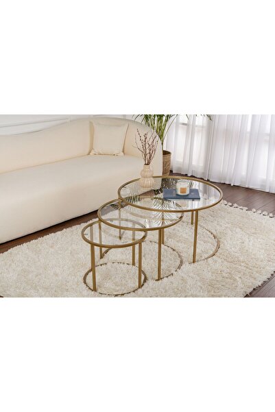 Rani Mobilya Rani Home Zigon Sehpa Üçlü Set Gold Metal Ayaklı Düz Cam AB-5388