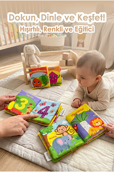 Bebek Bez Kitap Eğitici Oyuncak – Hışırtılı Duyusal Kitap, Sayılar Hayvanlar Şekiller 0-3 Yaş
