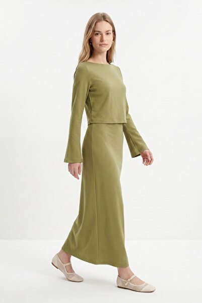 Rays Khaki Crew Neck Long Sleeve Blouse Dress Set 18005