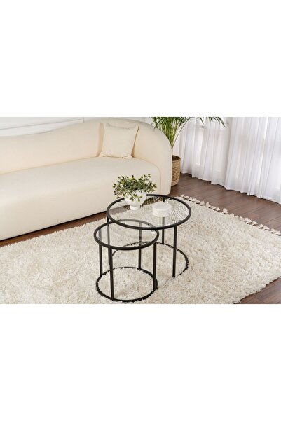 Rani Mobilya Rani Home Orta Sehpa İkili Set Siyah Metal Ayaklı Düz Cam AB-5381