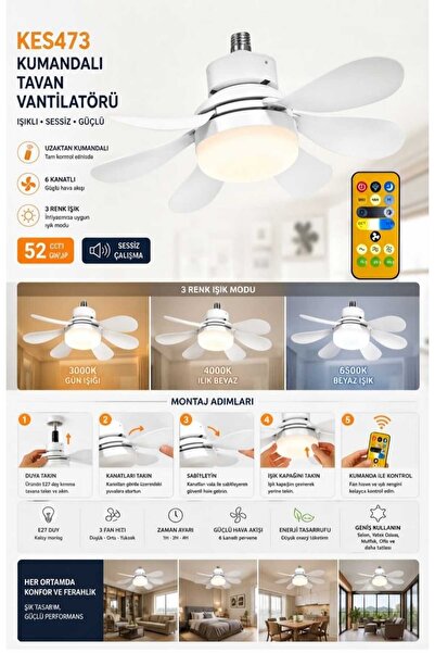 segyhome KES473 Uzaktan Kumandalı Tavan Vantilatörü E27 Duylu LED Işıklı Sess...