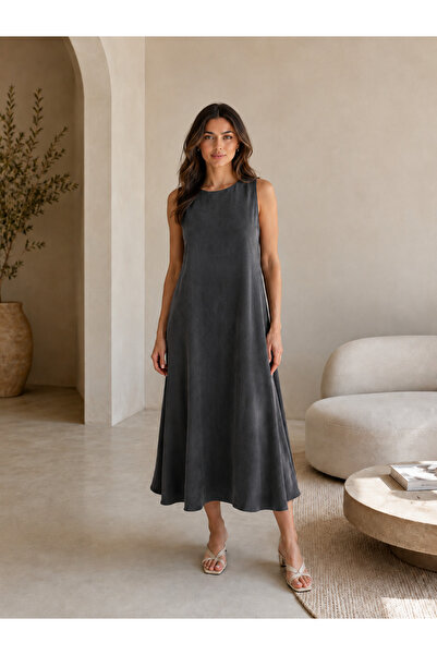 LACASE Women's Tencel Fabric Modal Black Crew Neck Casual Dress