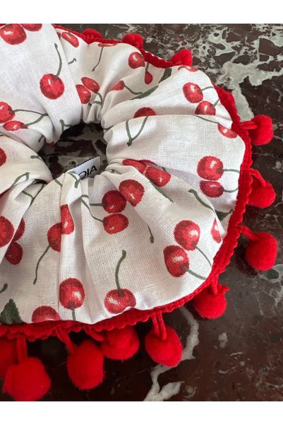 OIA Atelier Cherry Patterned Red Pompom Edge Scrunchie Cotton Elastic Scrunchie
