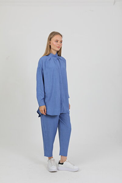 Zeneva Collection Blue Hidden Button Elastic Waist Shirt and Trousers Set 8660