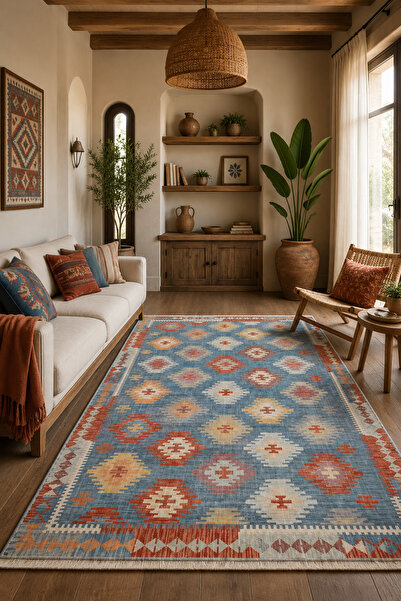 Fuly Consept Home Design Etnik Kilim Desenli Saçaklı Halı Mavi Kiremit Bohem ...