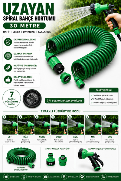 NEBİL HOME 30 Metre Spiral Bahçe Sulama Hortumu Seti – Esnek Araç Yıkama ve B...