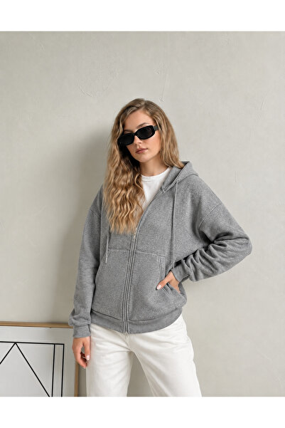 YAKAMEL KADIN 3 İPLİK KAPÜŞONLU FERMUARLI OVERSİZE SWEATSHIRT HIRKA