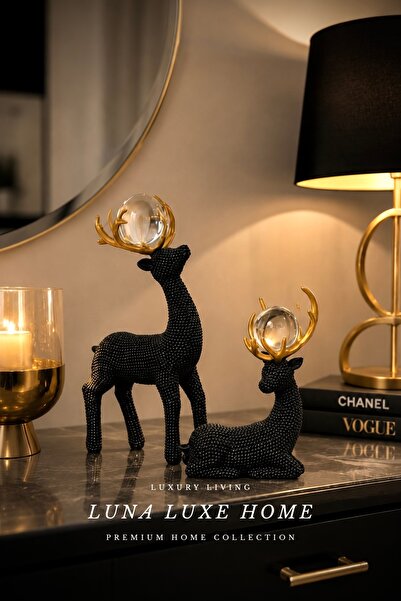 Luna Luxe Home Élan Royale Collection | Kristal Cam Küreli İkili Geyik Obje P...