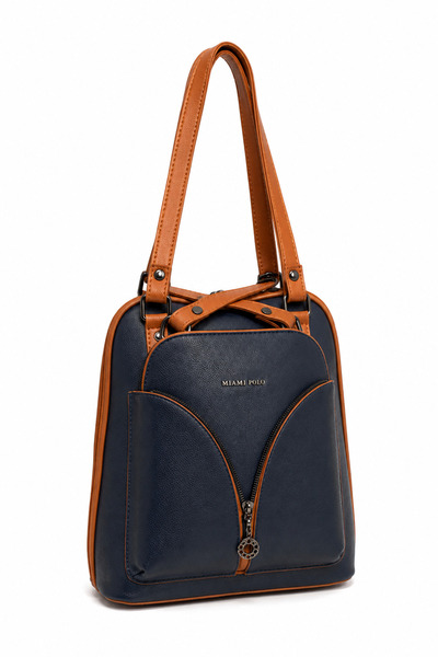 Miami Polo Club 1206 Juniper Leather Navy Blue Tan Backpack and Shoulder Bag