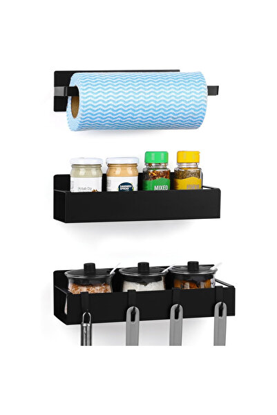 Belle Vous Set de 3 rafturi magnetice negre, metalice, 30x9.5x7.5 cm, organiz...