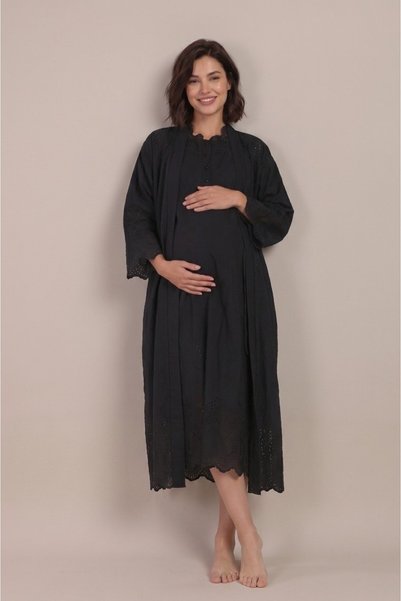 Generic Brand Women's Black Linen Scallop Lace New Season Maternity Nightgown Set