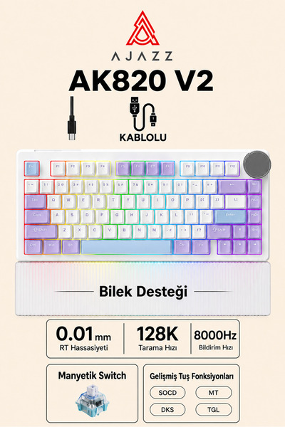 Ajazz AK820 V2 Manyetik Switch Kablolu Oyuncu Klavyesi 8000Hz Rapid Trigger R...