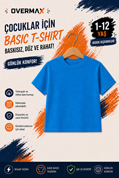 OVERMAX Children's Basic T-Shirt Unprinted Plain Short Sleeve Unisex Daily T-...