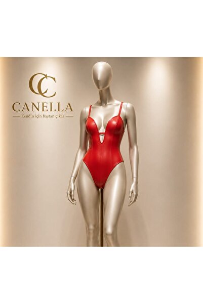 CANELLA SECRET Kadın Derin Dekolteli Deri Görünümlü Bodysuit