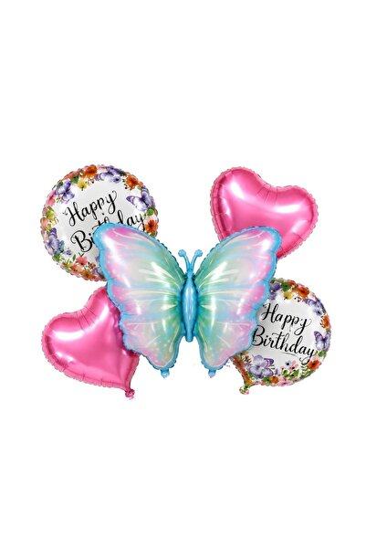 Patladı Gitti 5-Piece Butterfly Themed Happy Birthday Foil Balloon Set – Pink...