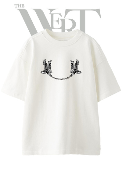 THEWERT Eagle Barbed Wire Design Printed Unisex White Oversize T-Shirt