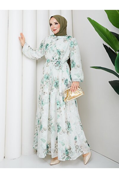 asyadabutik Women's Embroidered Waist Tie Chiffon Plus Size Floral Dress